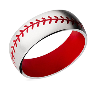 A baseball ring with red stitching on it