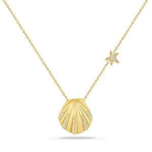 A gold necklace with a seashell pendant and a starfish pendant.