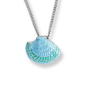 A necklace with a blue shell pendant on a chain.