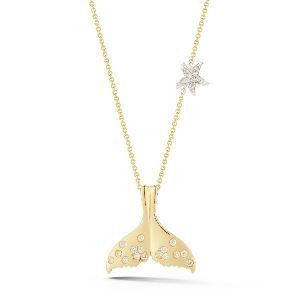 A necklace with a mermaid tail pendant and a starfish pendant.
