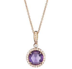 A necklace with a purple stone and diamonds on a chain.