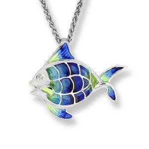 A necklace with a fish shaped pendant on a chain