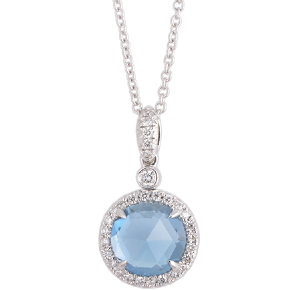 A necklace with a blue stone and diamonds on a chain.