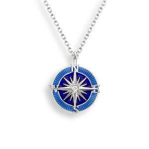 A necklace with a blue compass pendant on a chain.