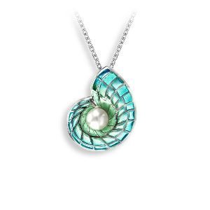 A necklace with a pendant in the shape of a shell with a pearl inside of it.
