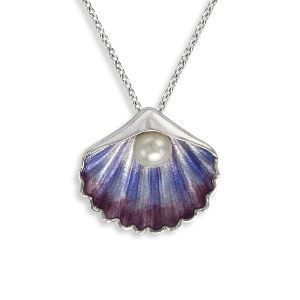 A necklace with a shell shaped pendant with a pearl in it.