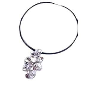 A black necklace with a silver pendant on a white background