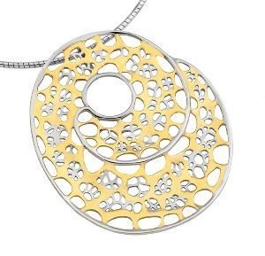 A gold and silver necklace with a circular design on it