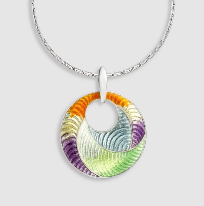 A necklace with a colorful pendant on a chain
