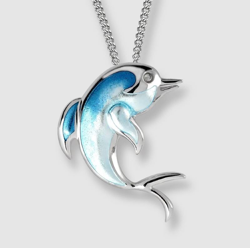 A necklace with a blue dolphin pendant on a chain