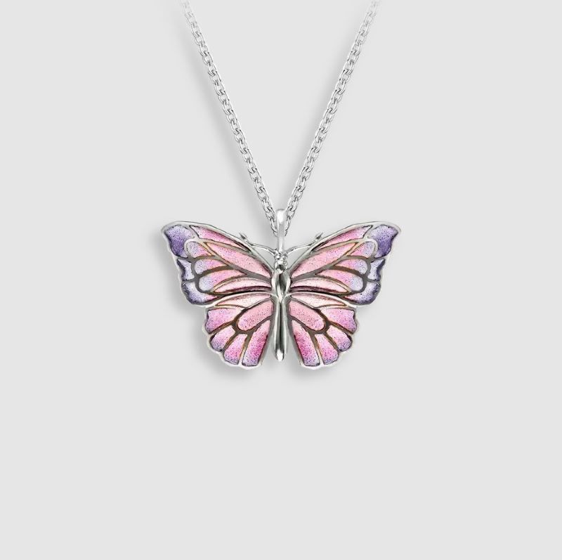 A pink and purple butterfly necklace on a silver chain.