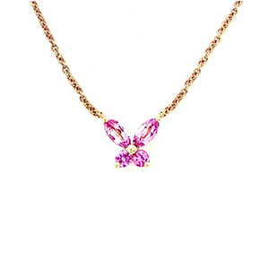 A necklace with a pink butterfly shaped pendant