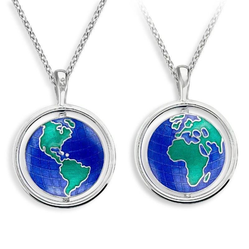 Two necklaces with a blue and green globe on them