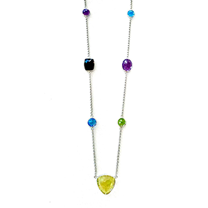 A long necklace with colorful beads on a white background