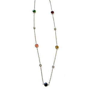 A necklace with colored beads on a silver chain