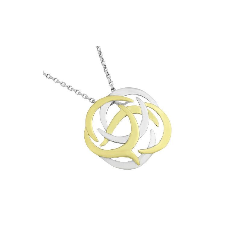 A necklace with a gold and silver pendant on a chain