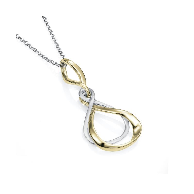 A necklace with a gold and silver pendant on a chain.