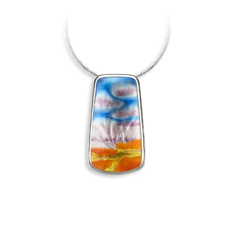 A necklace with a colorful pendant on a chain on a white background.