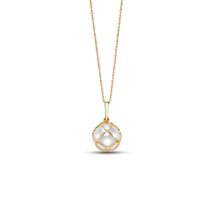 A gold necklace with a pearl pendant on a chain