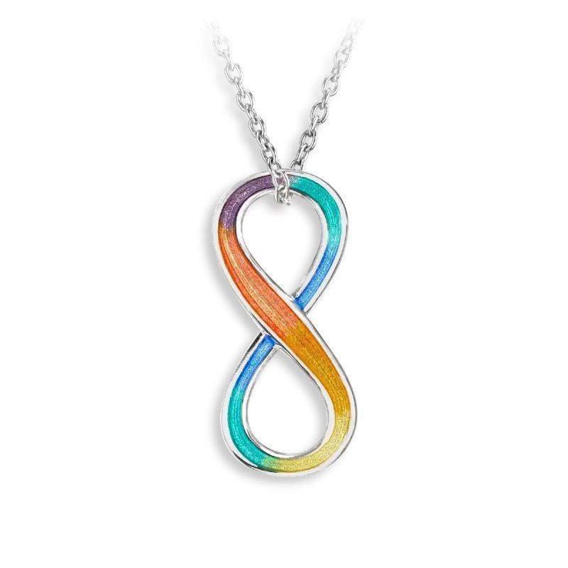 A necklace with a colorful pendant on a chain on a white background.