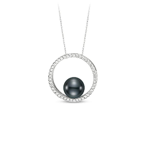 A necklace with a black pearl in a circle of diamonds.