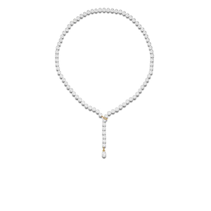 A pearl necklace with a gold clasp on a white background