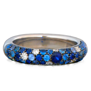 A white gold ring with blue sapphires and diamonds