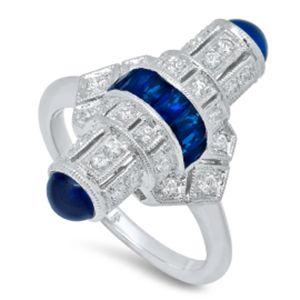 A white gold ring with sapphire and diamonds