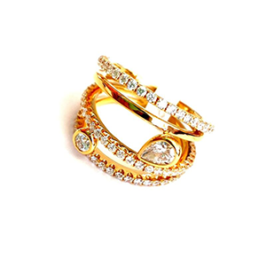 A gold ring with diamonds on a white background