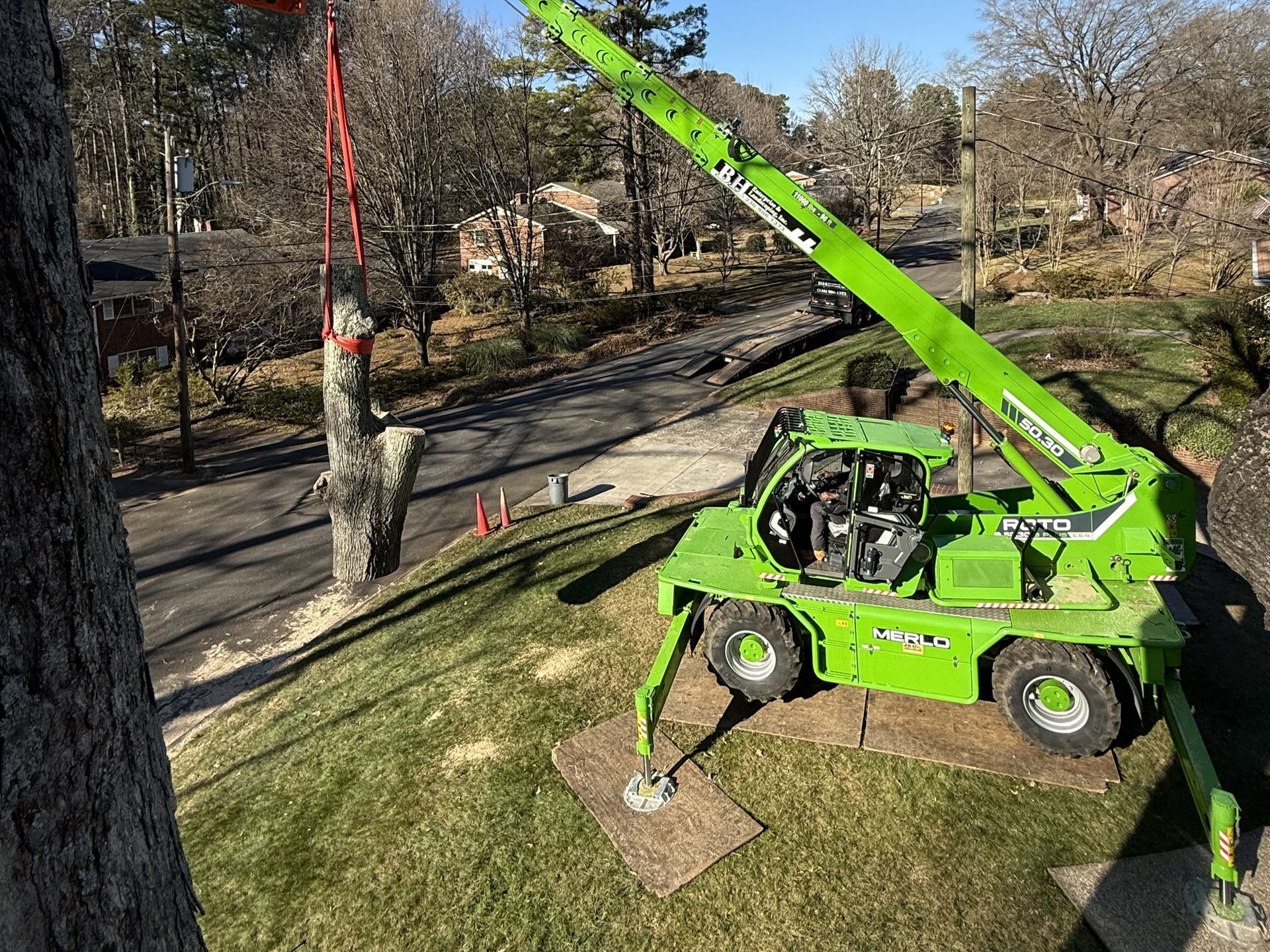 Green tree-cutting machine lifting a large tree trunk. Bright sunlight, residential area.