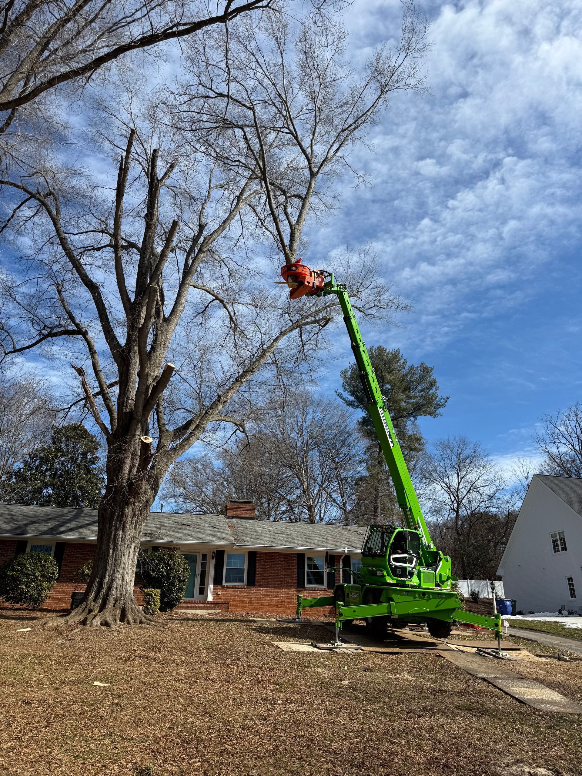 A green tree lift cuts branches from a tall, bare tree in front of a brick house under a blue sky.