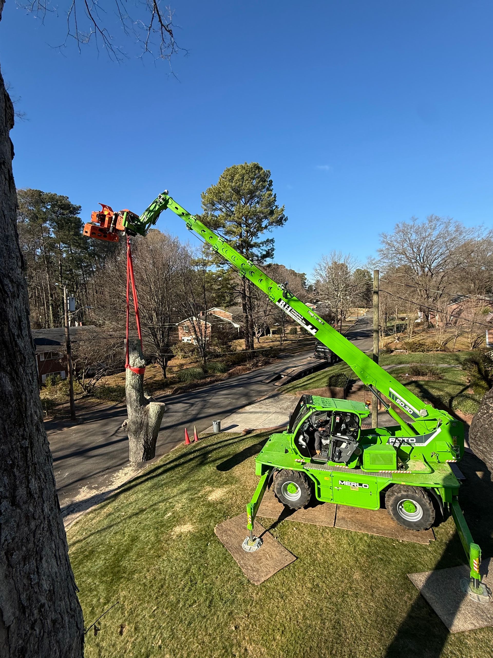 Green tree trimming lift in use on a sunny day near a tree.