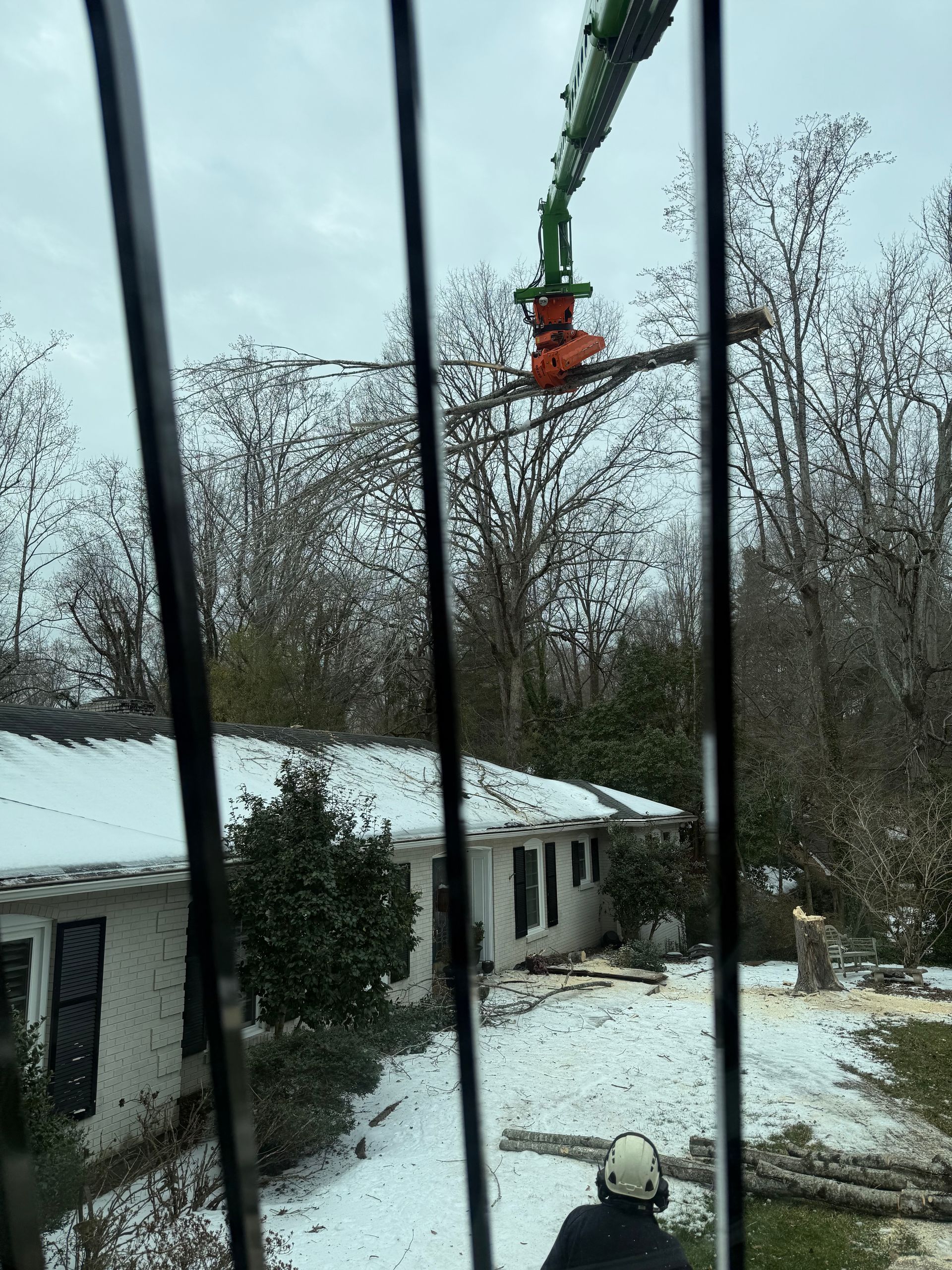 A tree limb being cut down over a snow-covered house using a crane and a tree worker.