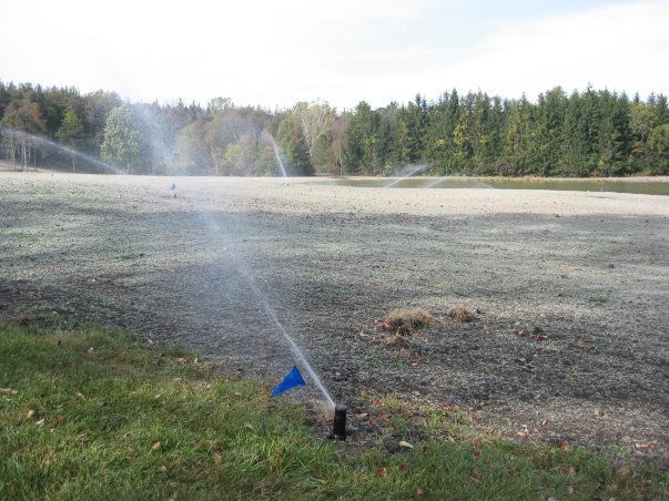 A sprinkler is spraying water on a field with trees in the background.