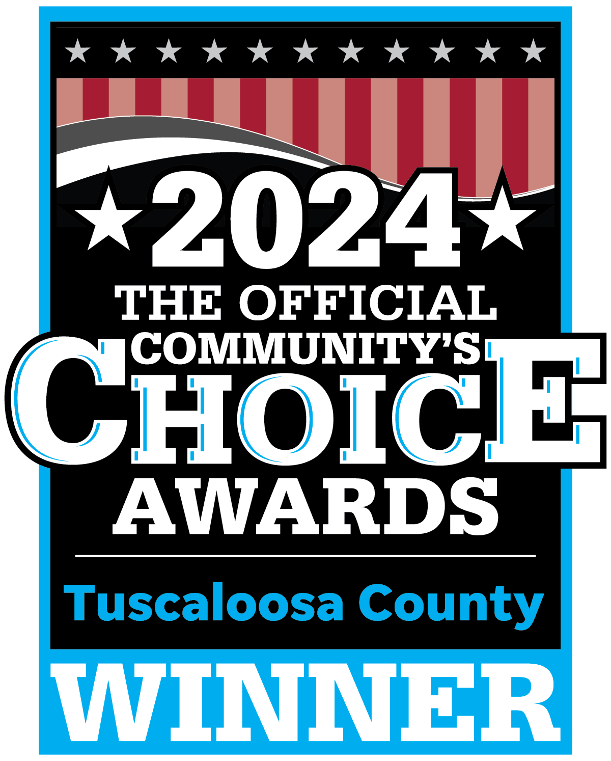 2024 Tuscaloosa County Community's Choice Awards winner badge. Blue and white design with text and stars.