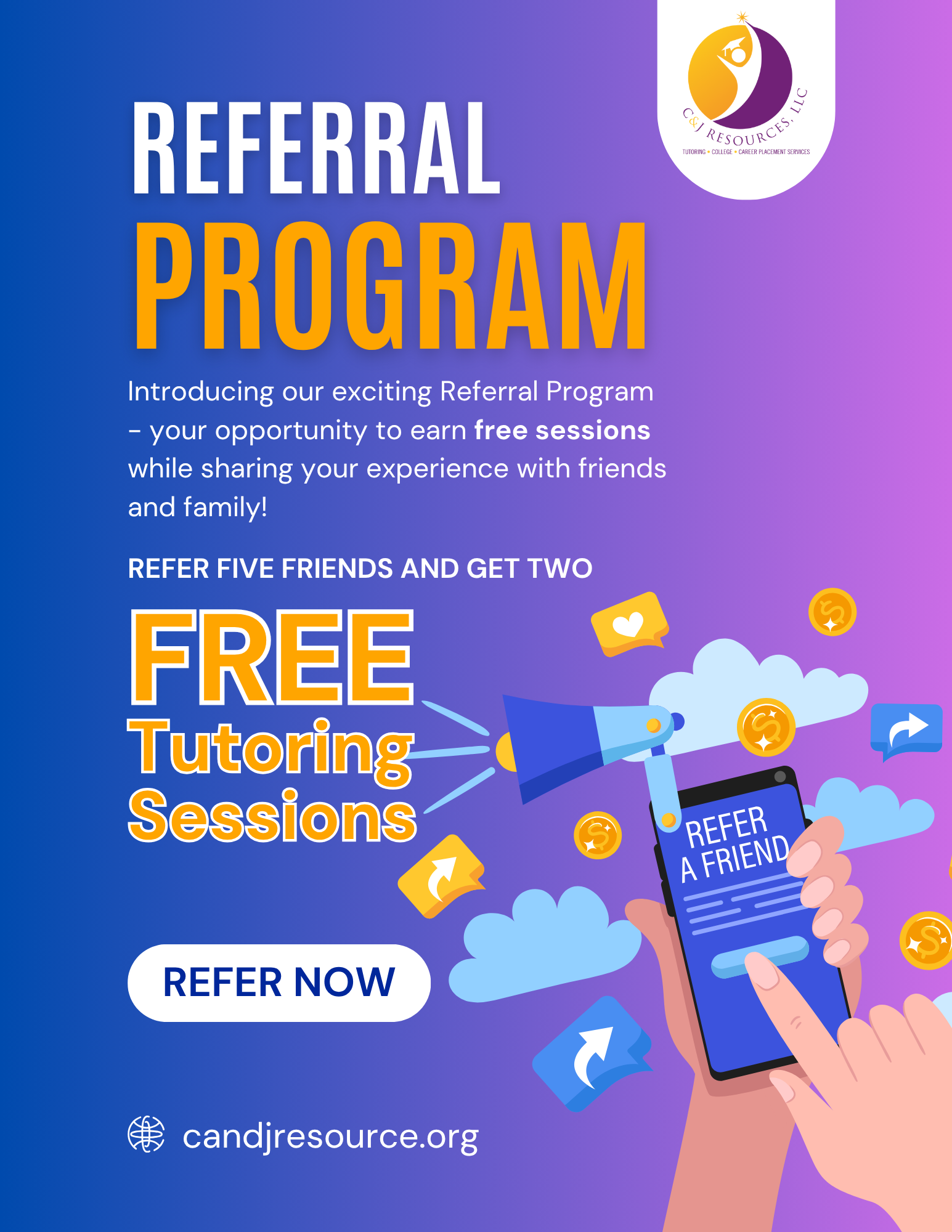 Referral program ad: Refer five friends, get two free tutoring sessions. Blue/purple background, phone, coins, clouds.