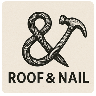 A logo for roof and nail with a hammer and a nail