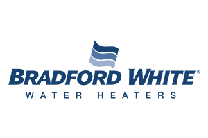 Bradford White Water Heaters logo with blue lettering and a stylized flag symbol.