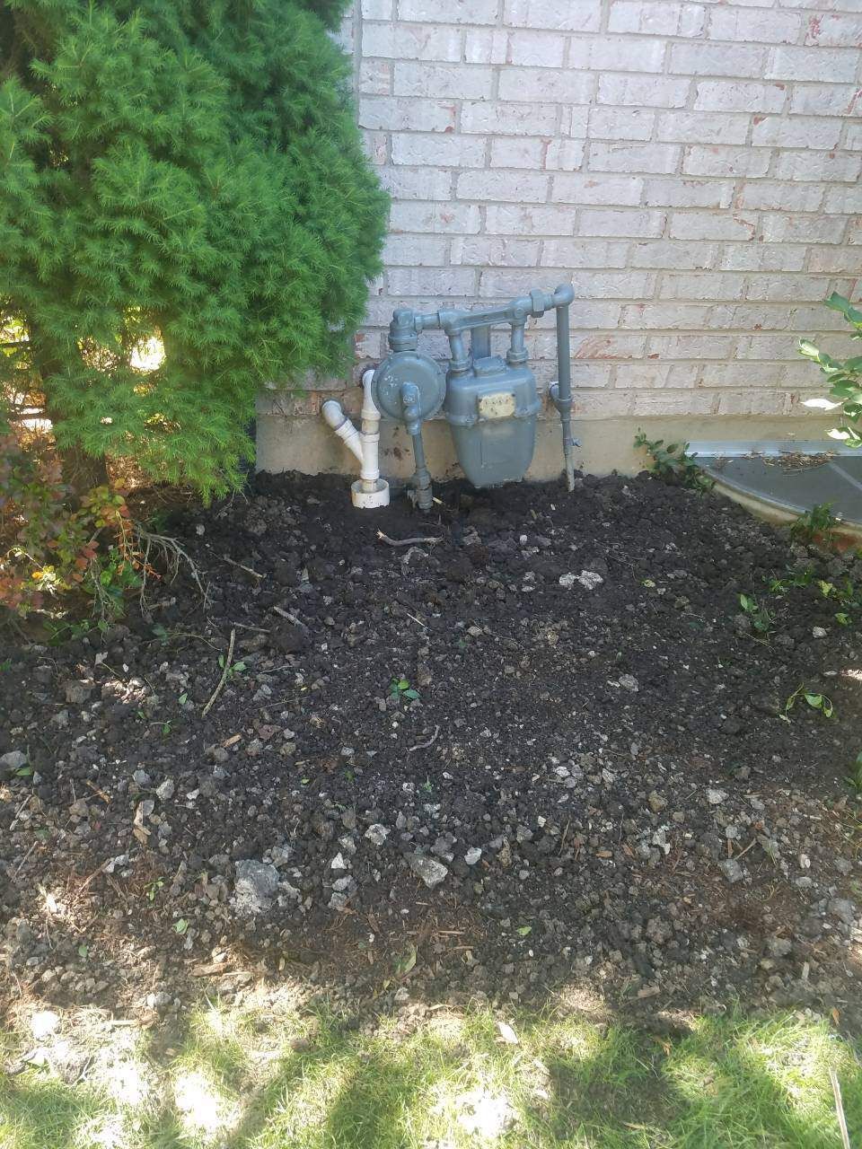 Gas meter mounted on a brick wall, surrounded by mulch and greenery.