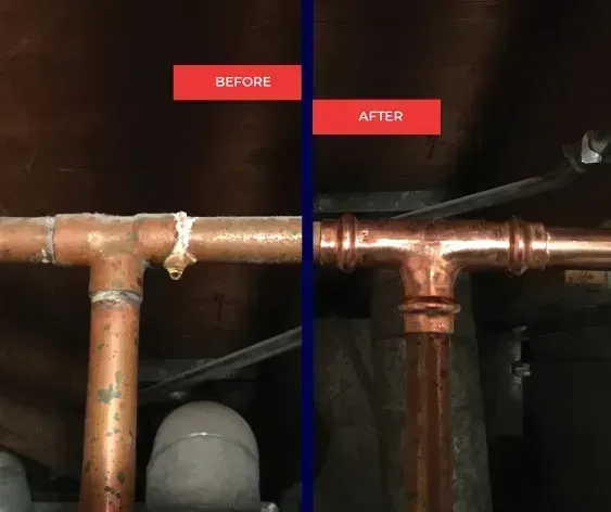 Comparison of copper pipe joints: before (leaky) and after (repaired).