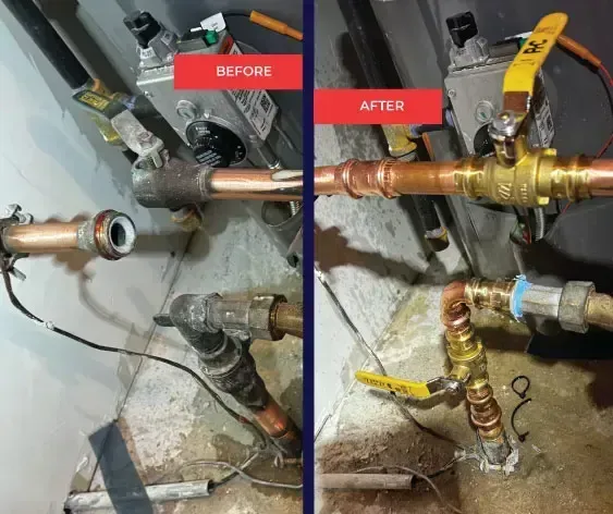 Comparison of plumbing before and after repair. Copper pipes, shut-off valves, and fittings are visible.