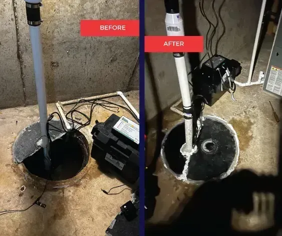 Before and after of a sump pump. Left: damaged pump and basin. Right: replaced pump.