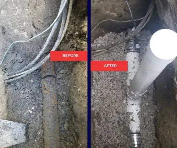 Before-and-after of a buried water pipe repair: old rusty pipe replaced with new PVC pipes and fittings.