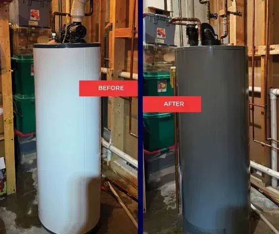 Comparison of a white water heater (before) to a gray water heater (after) in a basement setting.