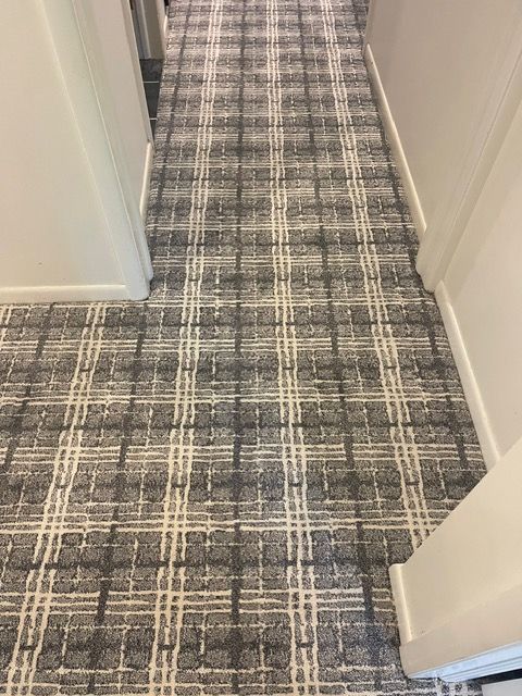 A hallway with a plaid carpet and a door.