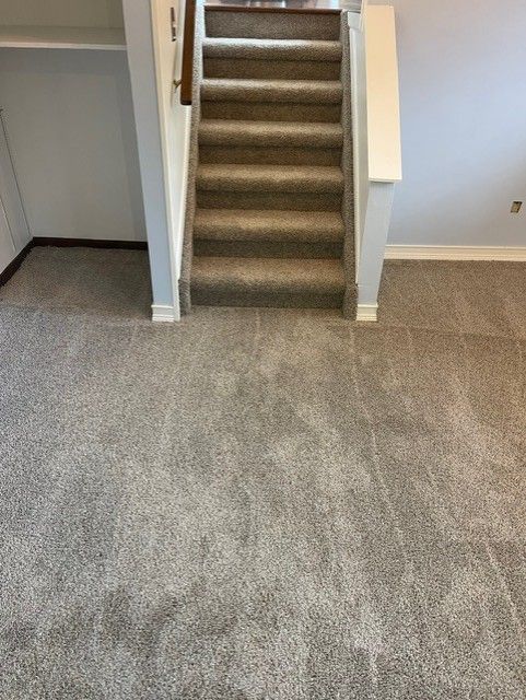 A room with stairs and a carpeted floor.