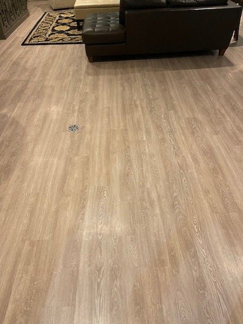 A living room with a wooden floor and a couch.