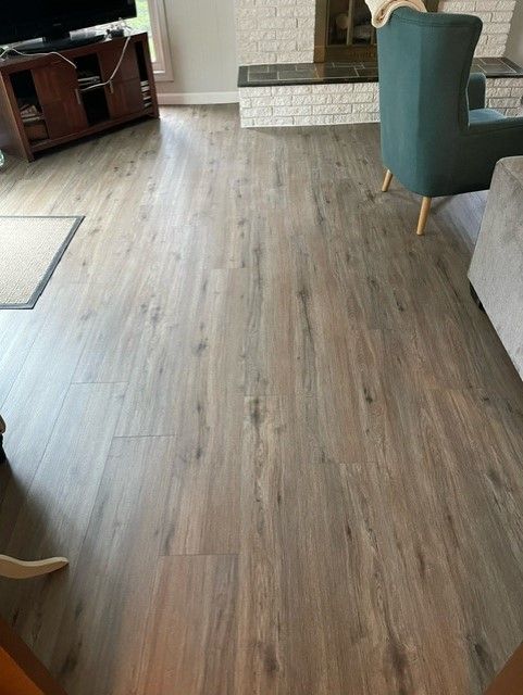 A living room with hardwood floors and a fireplace.