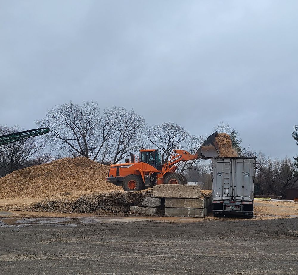 A bulldozer is loading dirt into a truck.