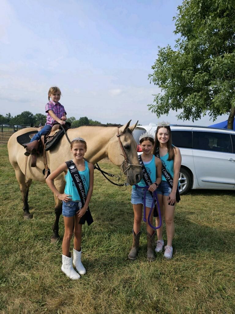 Three young girls are standing next to a horse in a field.